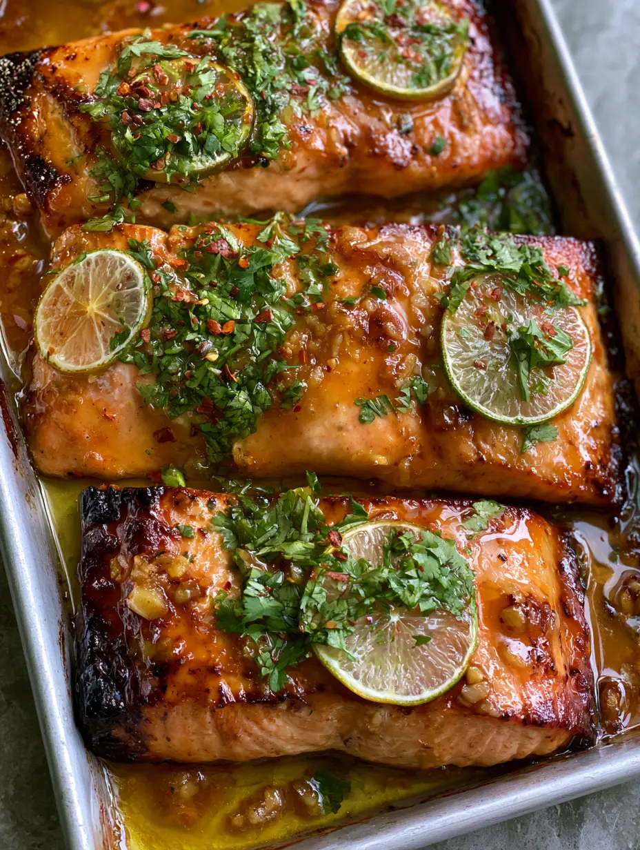 Top-down view of three flaky Honey-Lime Garlic Butter Baked Salmon fillets with a thick amber glaze and sautéed garlic.