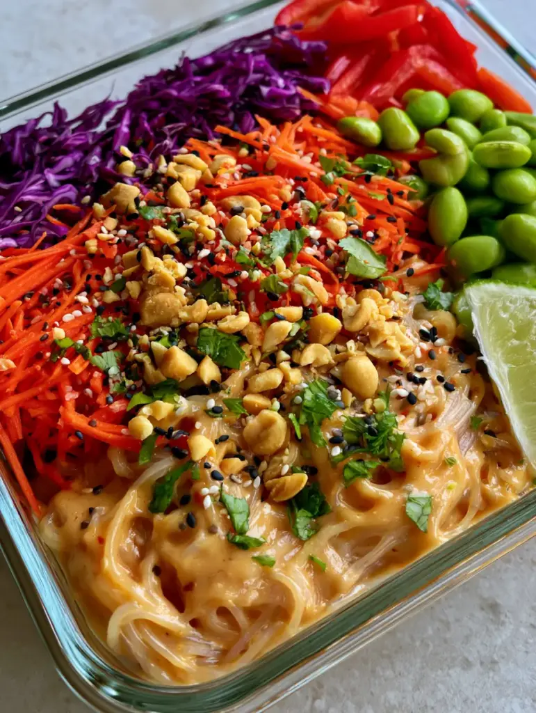 Precise bundles of julienned carrots and purple cabbage on top of a peanut noodle salad with a lime wedge. (noodle salad)