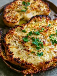 Detailed view of the crispy cheese lace and roasted garlic bits on a cauliflower steak. (cauliflower steaks recipe)
