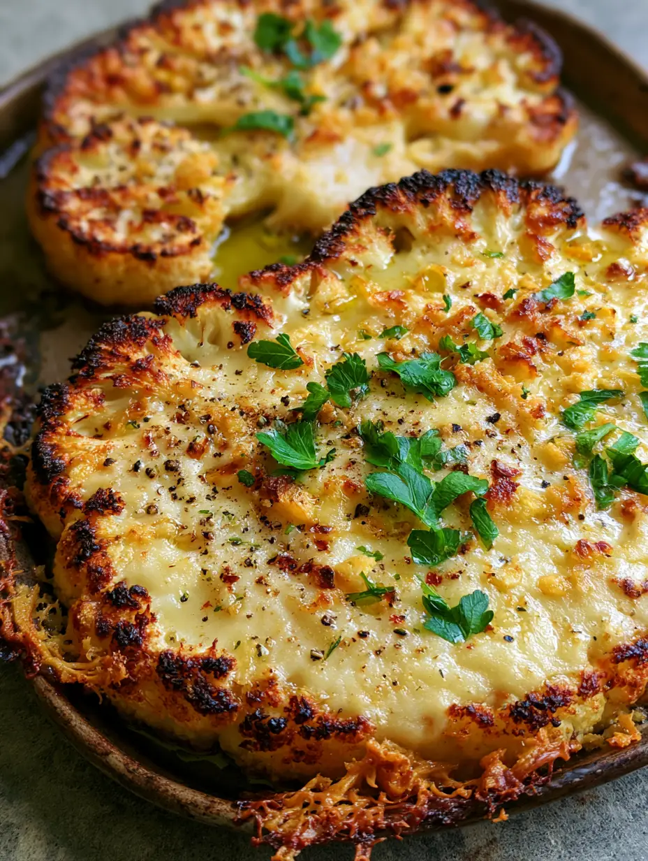 Cauliflower Steaks Recipe with Roasted Garlic and Bubbly Vegan Parmesan Crust 3 Detailed view of the crispy cheese lace and roasted garlic bits on a cauliflower steak. (cauliflower steaks recipe)