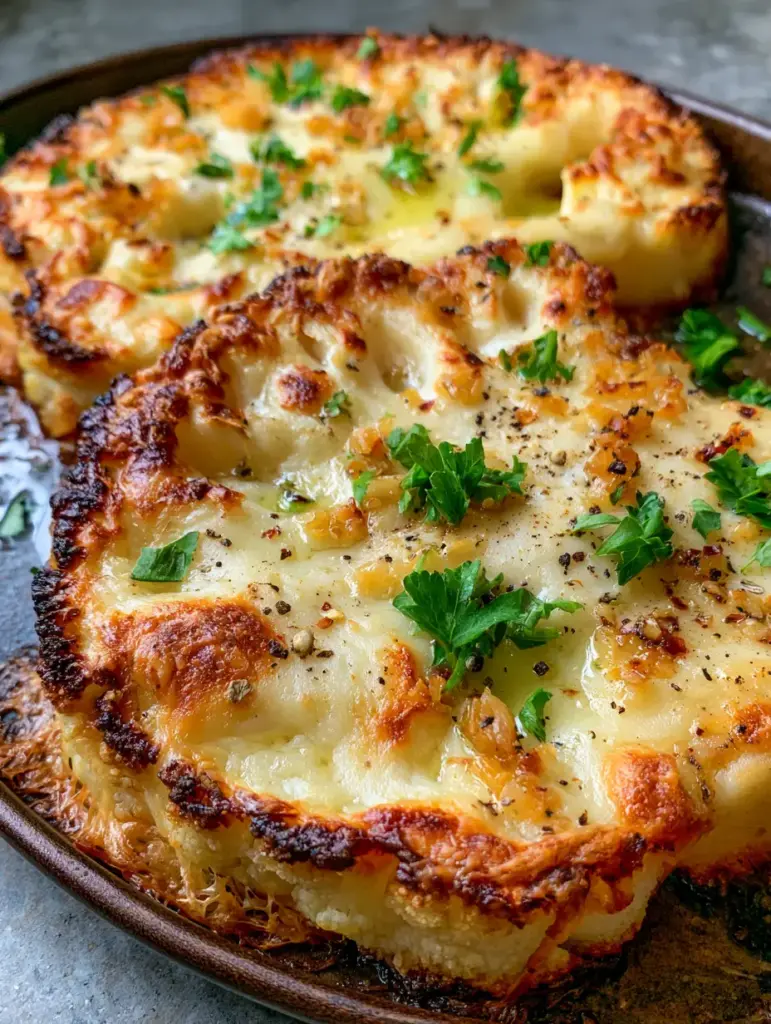 Cauliflower Steaks Recipe with Roasted Garlic and Bubbly Vegan Parmesan Crust 1 Two thick-cut roasted cauliflower steaks on a rustic stone countertop with a light olive oil sheen.