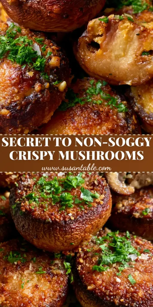 Parmesan Mushrooms with Crispy Garlic and Herb Crust 4 A close-up of Parmesan mushrooms in a ceramic bowl with a golden-brown crispy crust, toasted garlic, and fresh parsley garnish.