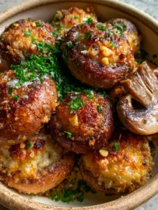 Roasted cremini mushrooms in a rustic bowl showing a deep golden-brown sear and visible parmesan breadcrumb crust. (Parmesan mushrooms)