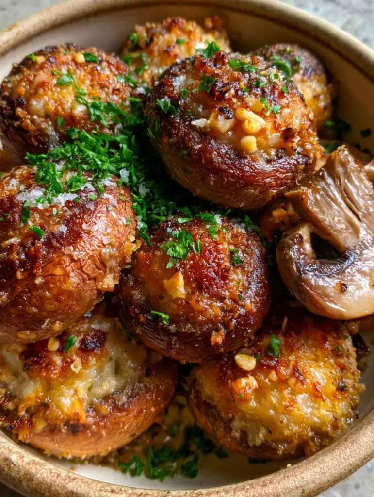 Parmesan Mushrooms with Crispy Garlic and Herb Crust 2 Roasted cremini mushrooms in a rustic bowl showing a deep golden-brown sear and visible parmesan breadcrumb crust. (Parmesan mushrooms)