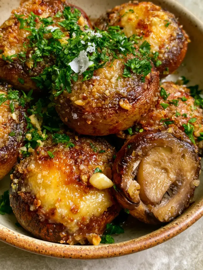 Parmesan Mushrooms with Crispy Garlic and Herb Crust 1 A sliced roasted mushroom revealing a meaty, juicy interior with no water leakage next to whole crispy parmesan mushrooms.