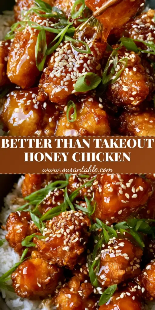 Chinese Honey Chicken: The Ultimate Crispy Takeout Style Recipe 3 A close-up vertical shot of Chinese honey chicken with a sticky amber glaze, sesame seeds, and green scallions held by chopsticks over a bowl of jasmine rice.