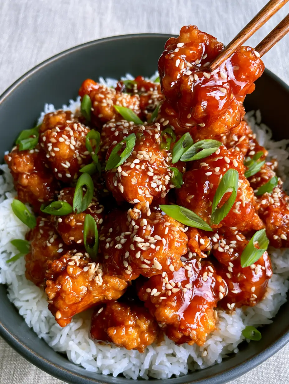 Chinese Honey Chicken: The Ultimate Crispy Takeout Style Recipe 4 Top-down shot of Chinese honey chicken in a charcoal bowl with translucent glaze and fluffy white rice.