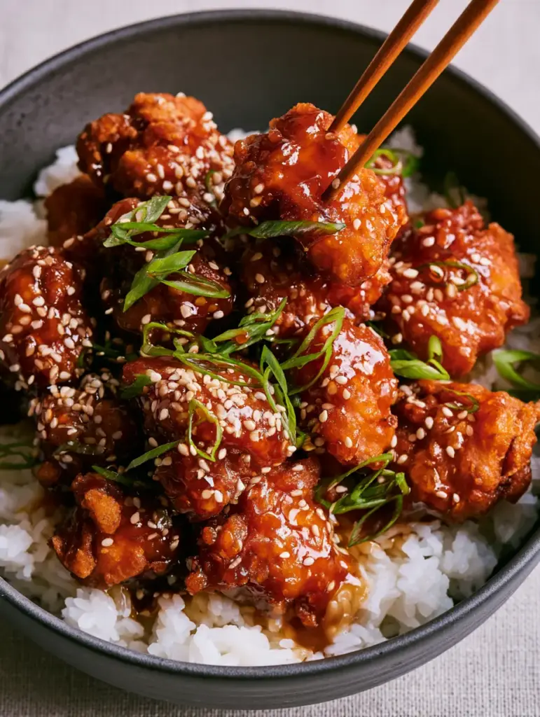 Chinese Honey Chicken: The Ultimate Crispy Takeout Style Recipe 1 High-angle shot showing the sticky pull of the honey glaze on a piece of deep-fried chicken held by wooden chopsticks.