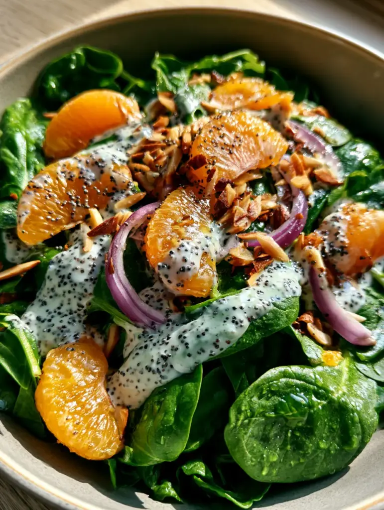 Spinach Mandarin Salad: The Ultimate Vibrant Summer Side Recipe 2 Close up of Spinach Mandarin Salad showing glistening orange segments and purple onion curls.