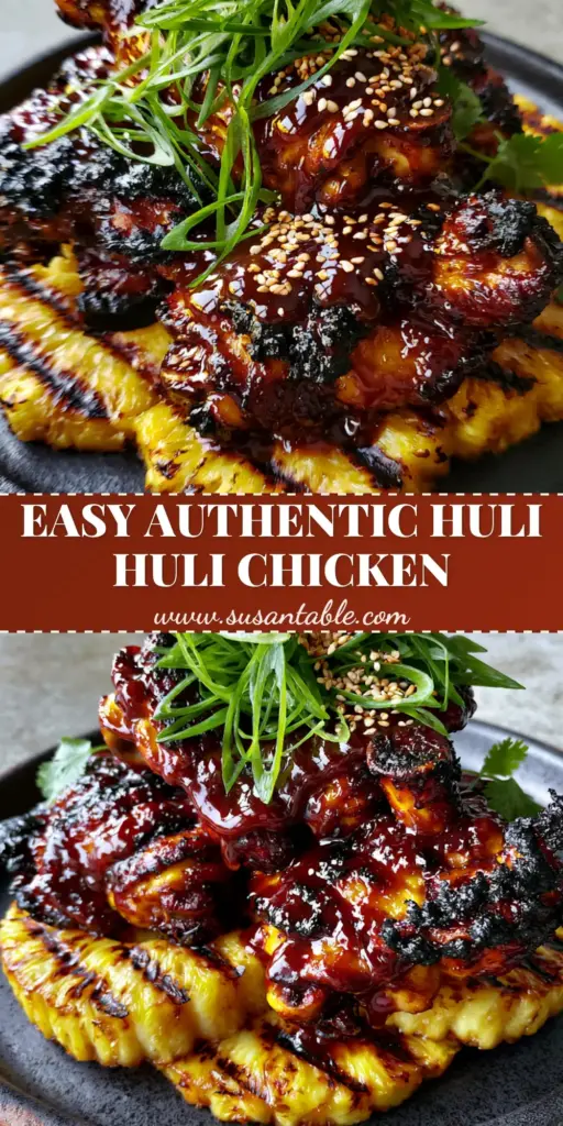 Huli Huli Chicken: Authentic Sticky Hawaiian Grilled Chicken Thighs 4 A close up photo of Huli Huli Chicken with a sticky mahogany glaze resting on charred pineapple rings, topped with sesame seeds and scallions.