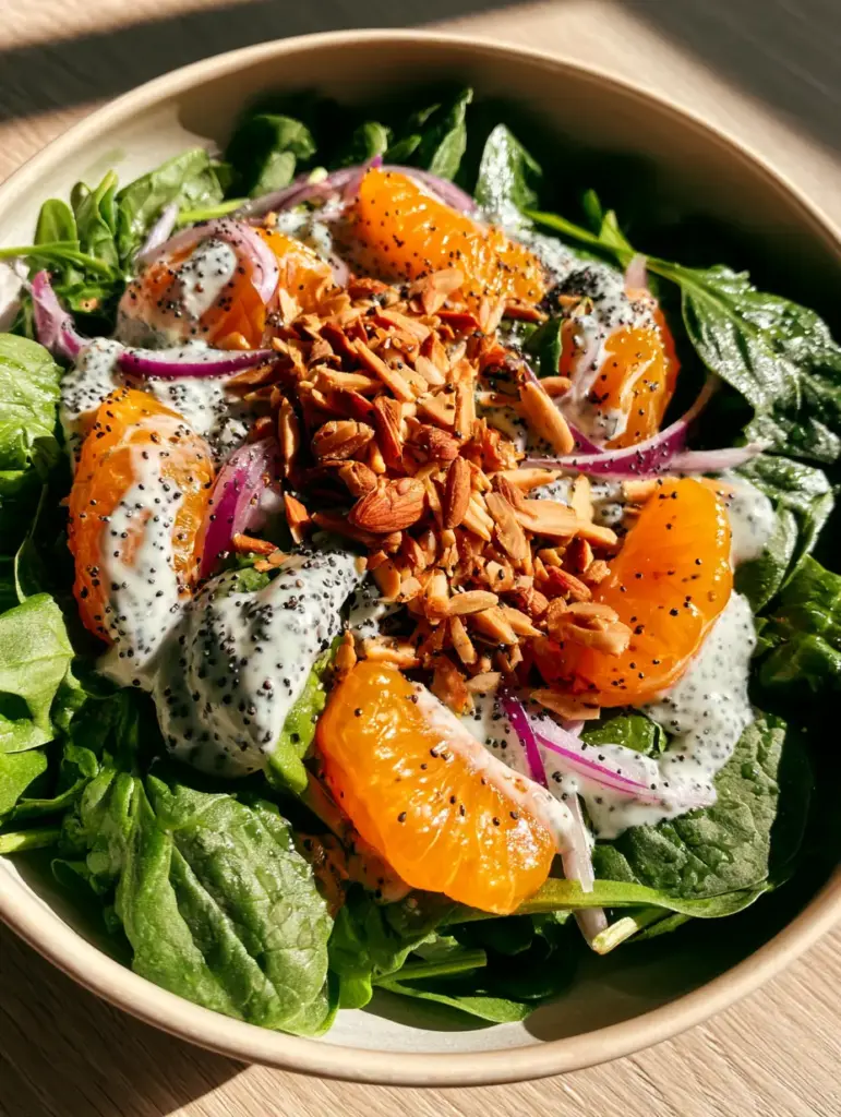 Spinach Mandarin Salad: The Ultimate Vibrant Summer Side Recipe 1 Drizzled creamy poppy seed dressing over a Spinach Mandarin Salad in a wide bowl.