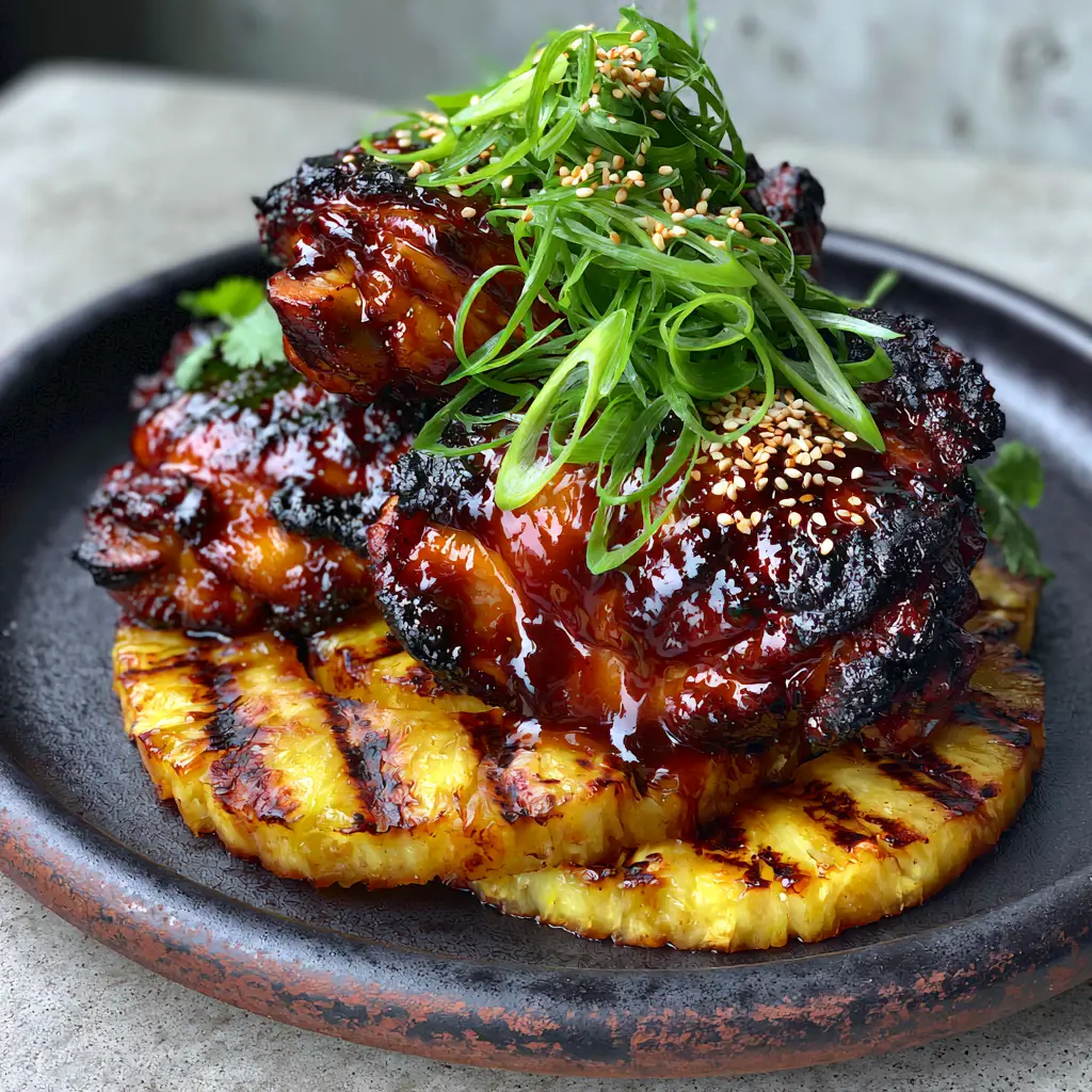 Huli Huli Chicken: Authentic Sticky Hawaiian Grilled Chicken Thighs 2 A handheld smartphone photo of authentic Hawaiian Huli Huli Chicken with a thick mahogany glaze and charred edges on a black plate. (Huli Huli Chicken)