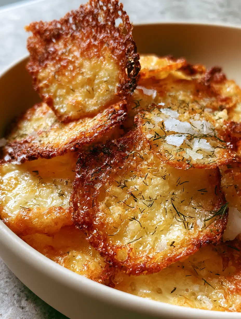 Extreme close-up of Baked Cottage Cheese Chips showing translucent bubbly centers and lacy edges. (Baked Cottage Cheese Chips)