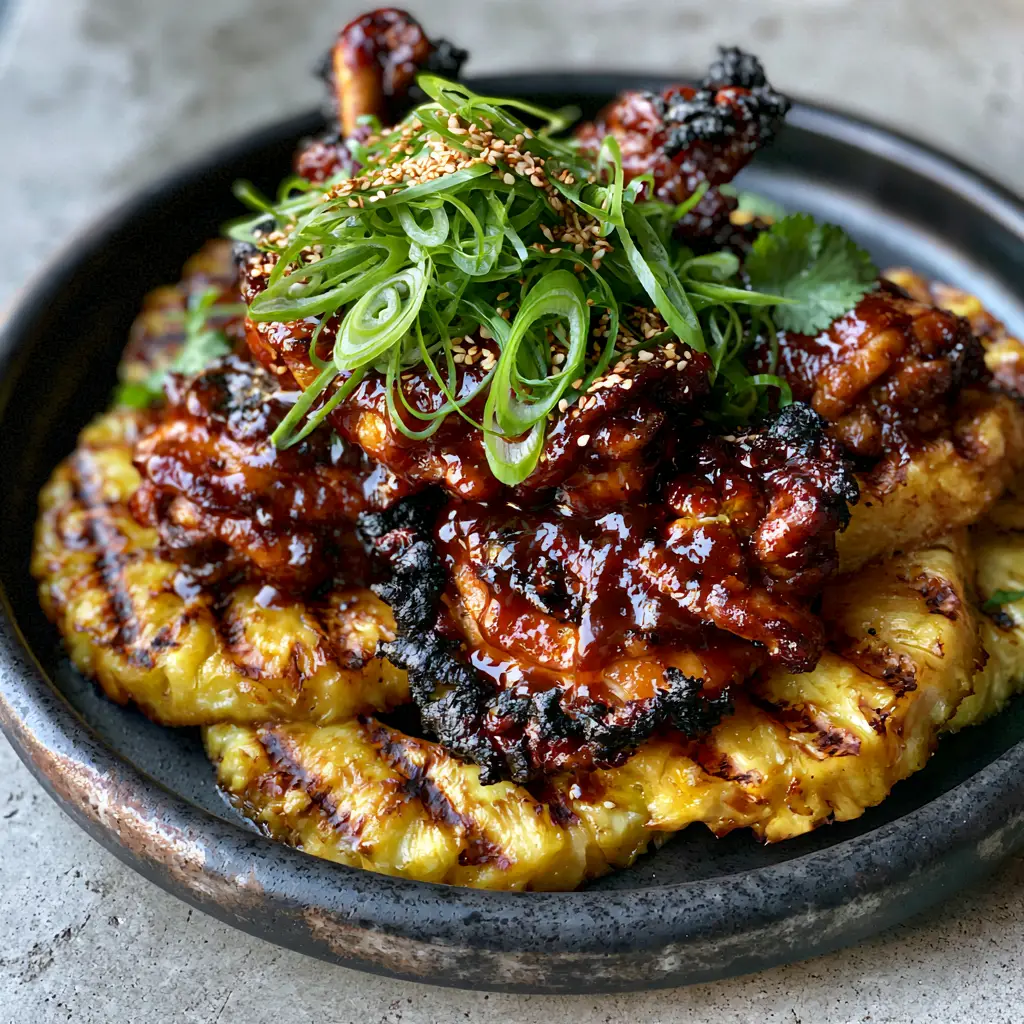 Huli Huli Chicken: Authentic Sticky Hawaiian Grilled Chicken Thighs 1 Succulent Huli Huli Chicken thighs served on golden charred pineapple rings with scallions and sesame seeds.