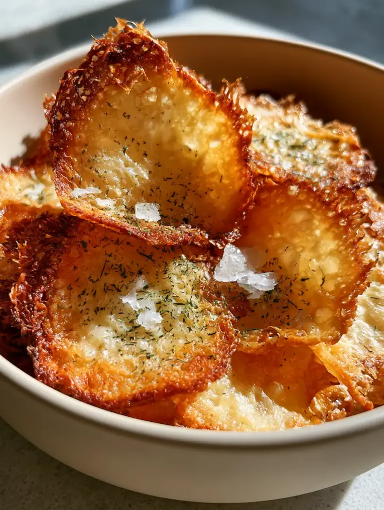 A stack of golden brown cottage cheese chips propped up to show a thin, crispy profile. (Baked Cottage Cheese Chips)