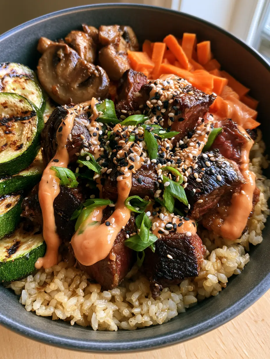 Close-up of seared medium-rare Hibachi steak cubes with a glossy glaze and Yum Yum sauce drizzle.