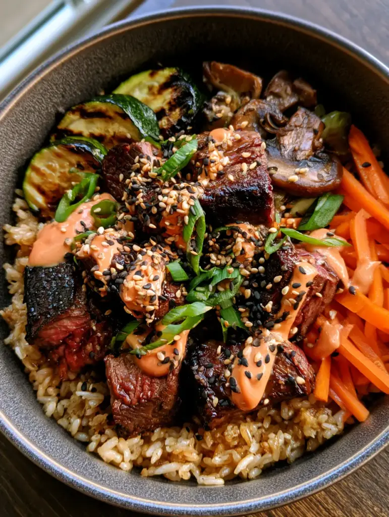 Hibachi steak served with garlic fried rice, charred zucchini, and buttery mushrooms in a stoneware bowl.