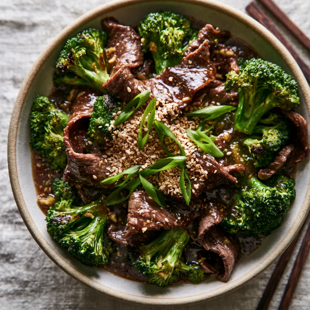 Overhead shot of Beef and Broccoli in a ceramic bowl with dark wood chopsticks on a grey linen background.