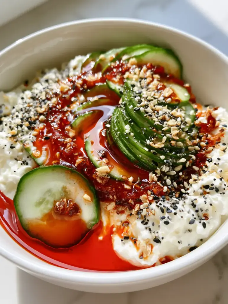Cottage Cheese with Cucumbers: The Ultimate Savory High-Protein Bowl 1 Everything Bagel seasoning and sesame seeds sprinkled heavily over cottage cheese with cucumbers and fried garlic.