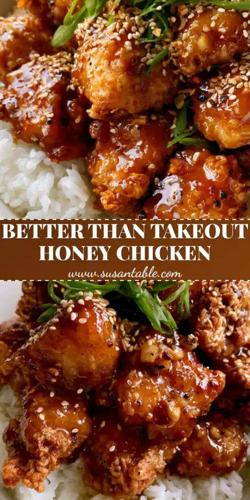 Honey Chicken with Crispy Garlic Glaze and Steamed Jasmine Rice 4 A towering bowl of honey chicken with a glowing amber-gold glaze, toasted sesame seeds, and green scallions on a bed of jasmine rice.