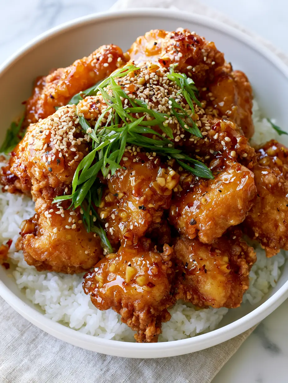 Honey Chicken with Crispy Garlic Glaze and Steamed Jasmine Rice 3 Close-up shot of crispy honey chicken pieces drenched in a translucent reflective glaze with visible garlic flecks and black pepper.