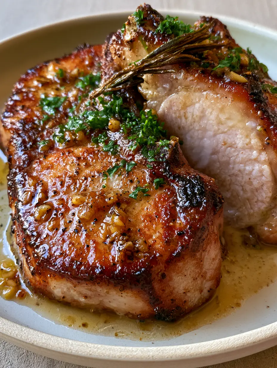 Pork Recipes: The Ultimate Garlic Butter Seared Bone-In Chops 3 Macro close-up of seared pork chops with glistening garlic butter and rosemary (pork recipes)