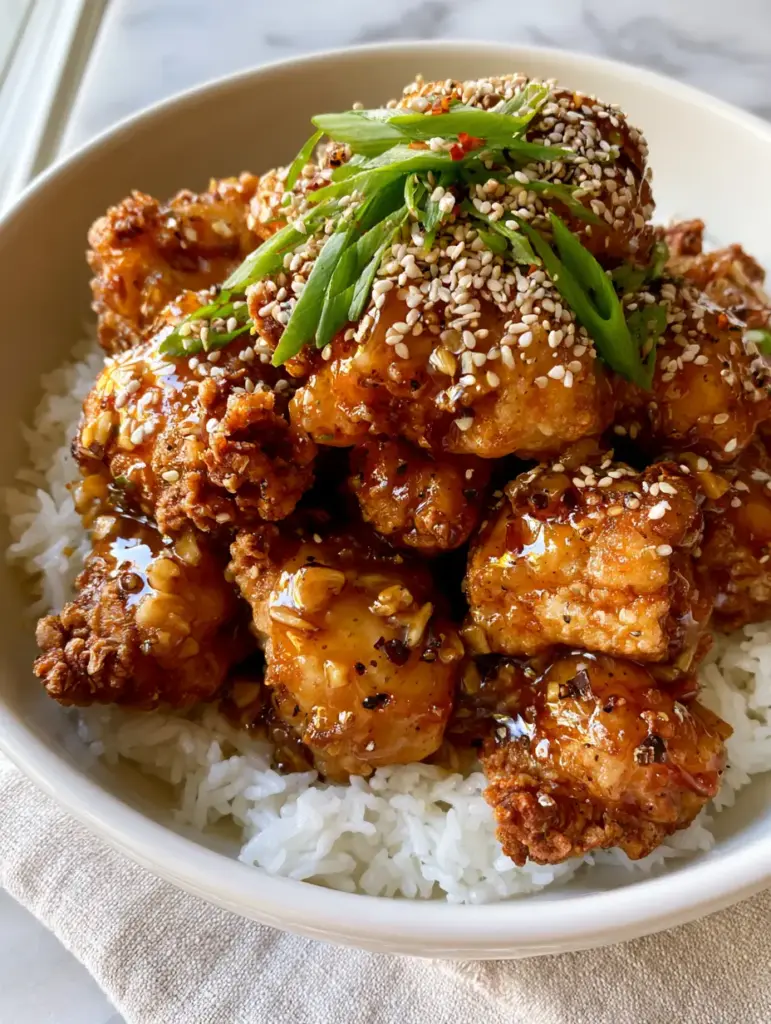 Honey Chicken with Crispy Garlic Glaze and Steamed Jasmine Rice 1 A top-down view of honey chicken garnished with vibrant green scallions and red chili flakes in a white ceramic bowl.