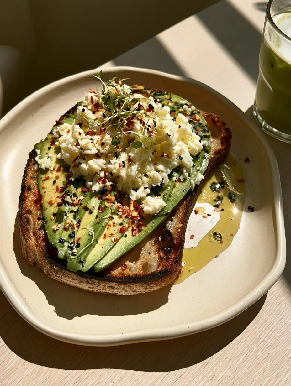 Close-up of paper-thin avocado shingles arranged diagonally on charred sourdough. (avocado toast aesthetic)