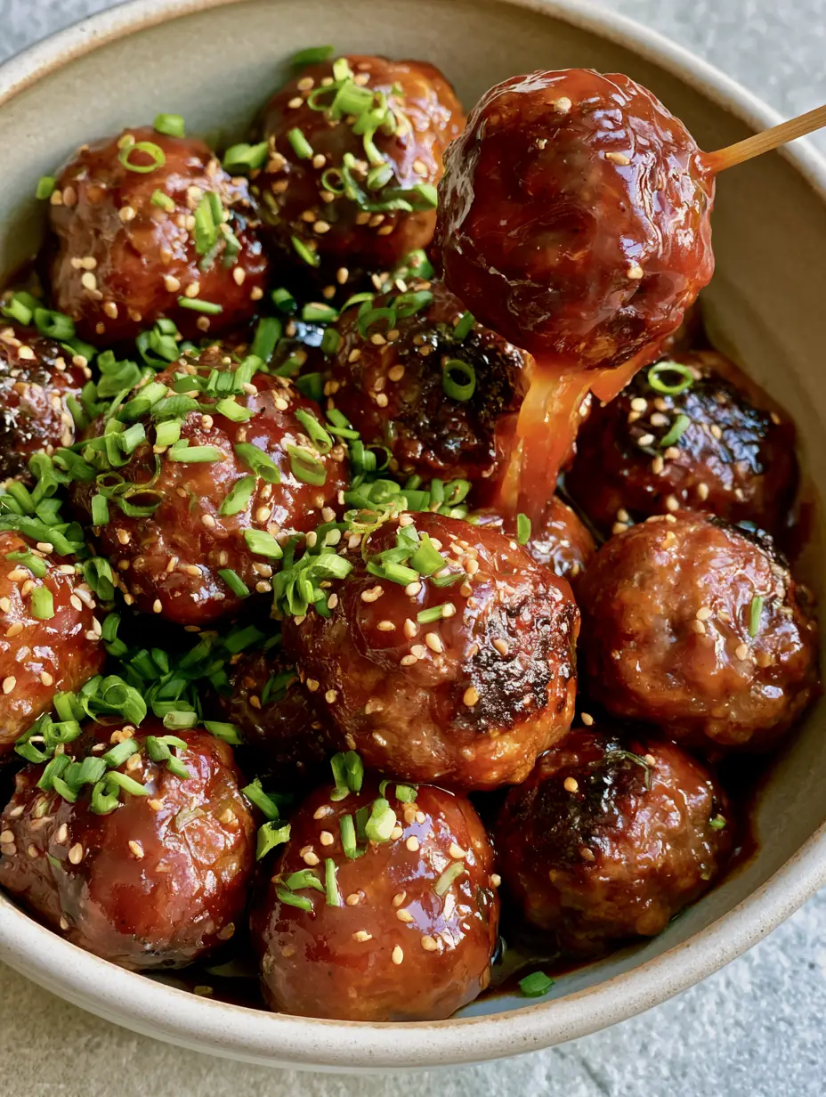 honey BBQ Crockpot meatballs: The Ultimate Sticky Appetizer 3 Top-down macro shot of mahogany-colored honey BBQ Crockpot meatballs bubbling with sauce and topped with chives.