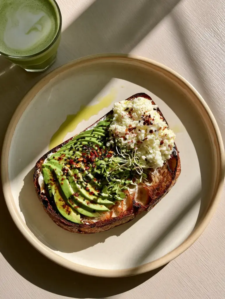 A lifestyle shot of avocado toast on a ceramic plate next to a matcha latte in morning sun.