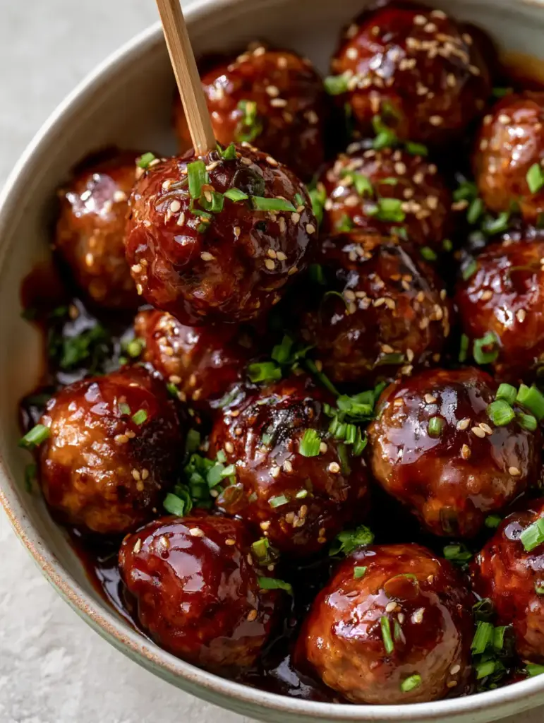 honey BBQ Crockpot meatballs: The Ultimate Sticky Appetizer 1 Juicy oversized beef meatballs heavily coated in a thick honey BBQ glaze in a ceramic bowl. (honey BBQ Crockpot meatballs)