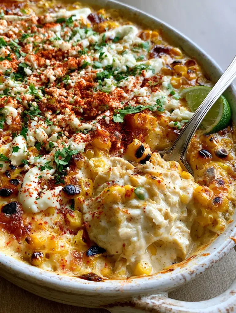 Street Corn Chicken Casserole: The Ultimate Creamy Elote-Style Dinner 2 Macro close-up of Street Corn Chicken Casserole with melted Monterey Jack, charred corn, and Tajin seasoning.