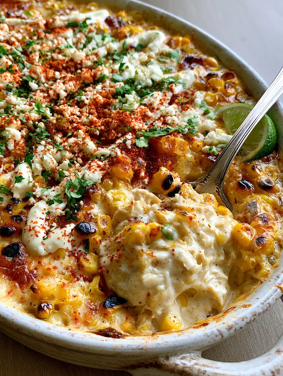Street Corn Chicken Casserole: The Ultimate Creamy Elote-Style Dinner 4 Macro close-up of Street Corn Chicken Casserole with melted Monterey Jack, charred corn, and Tajin seasoning.