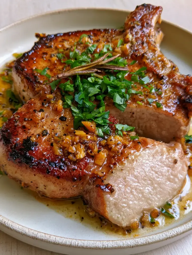 Pork Recipes: The Ultimate Garlic Butter Seared Bone-In Chops 1 Sliced bone-in pork chop showing succulent pale pink interior and steam.