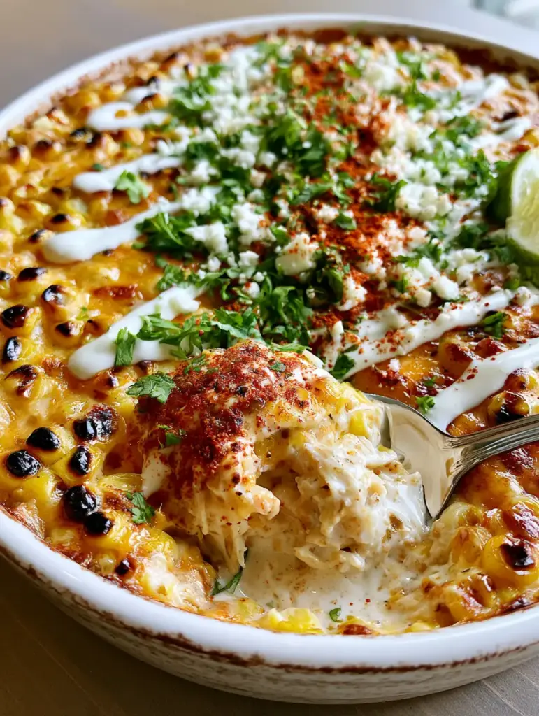 Street Corn Chicken Casserole: The Ultimate Creamy Elote-Style Dinner 1 Messy scoop of Street Corn Chicken Casserole showing shredded chicken and velvety white sauce.