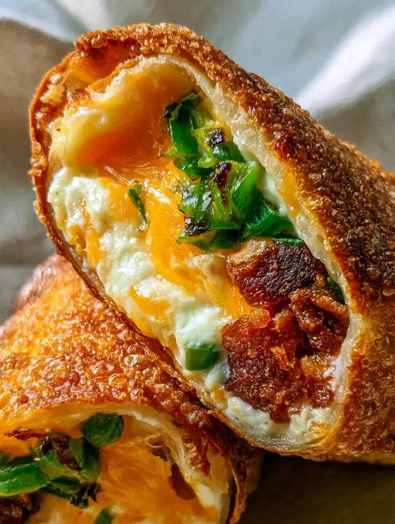 Molten interior of a Jalapeno Popper Egg Roll showing melted sharp orange cheddar and white cream cheese.