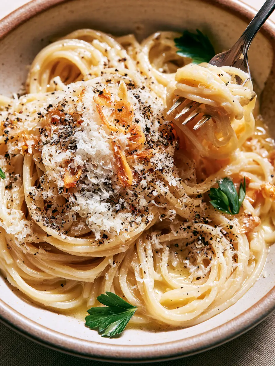 Overhead view of swirling spaghetti in a ceramic bowl coated in a translucent golden sauce topped with fresh parsley and black pepper. (Creamy Pasta Recipe)
