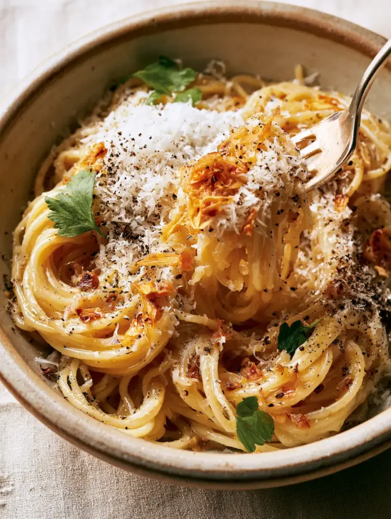 Detailed close-up of a fork lifting al dente spaghetti showing the perfect sauce cling and rising steam.