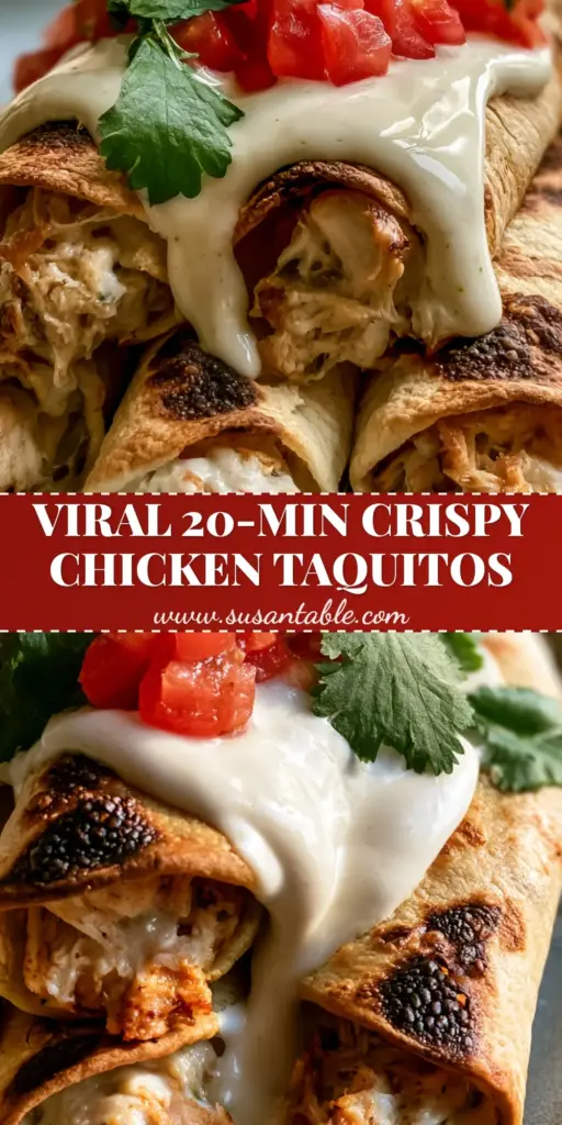 A stack of three crispy baked cream cheese chicken taquitos on a grey plate with lime crema and diced tomatoes.