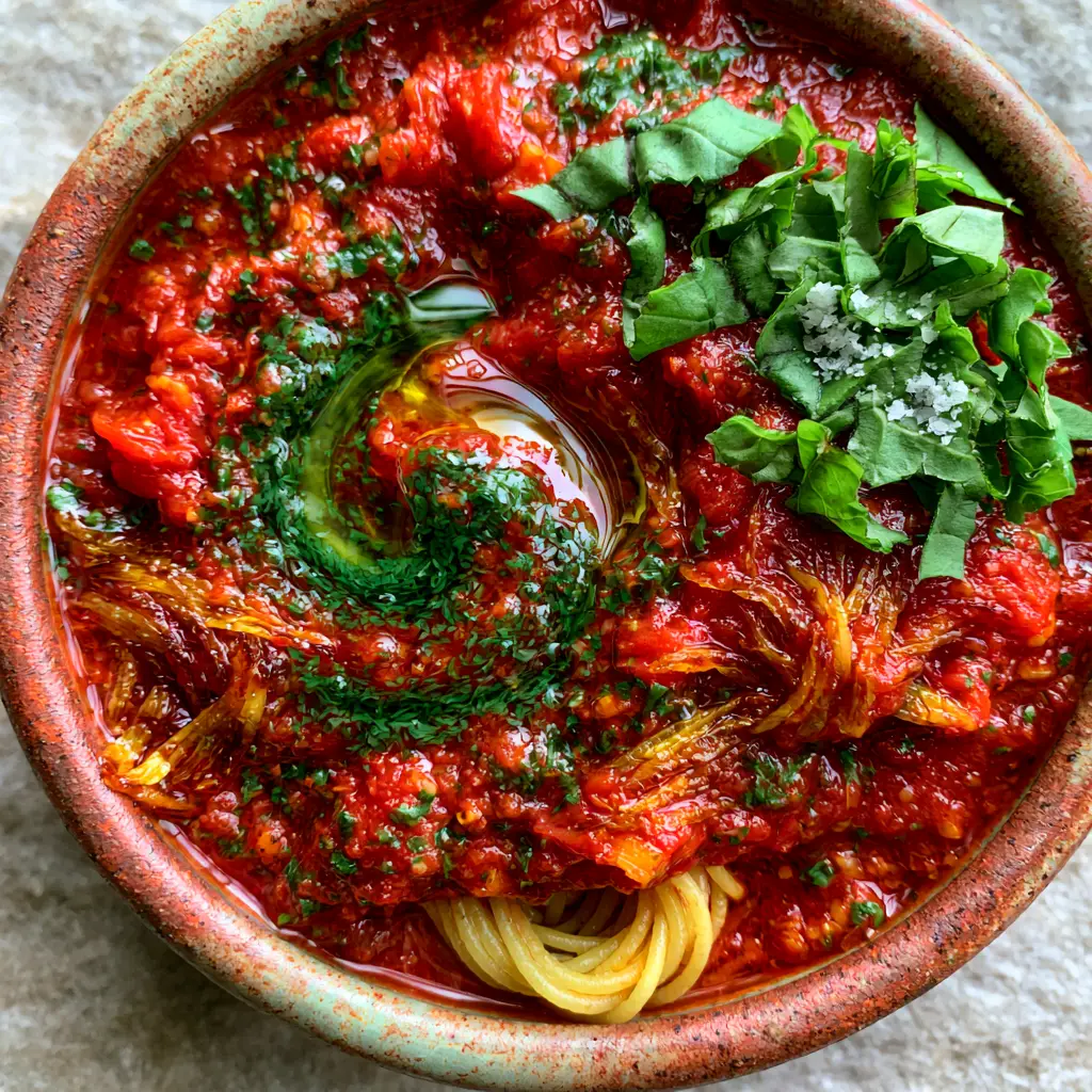 Authentic Italian recipes: The Ultimate San Marzano Marinara with Golden Garlic Slivers 2 Handheld photo of a rustic bowl with thick marinara, emerald olive oil swirl, and fresh basil. (Authentic Italian recipes)