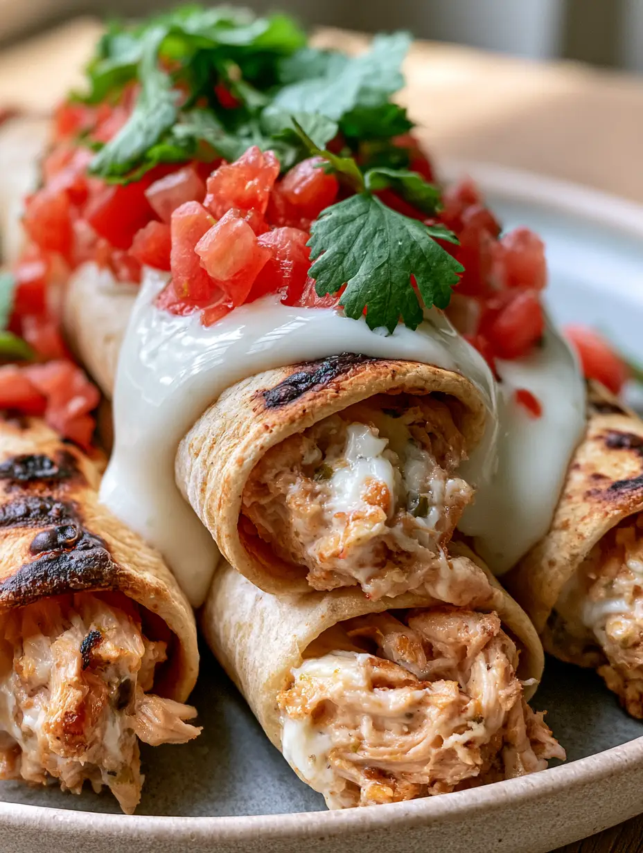 Extreme macro close-up of baked cream cheese chicken taquitos showing charred tortilla bubbles and moist chicken filling.