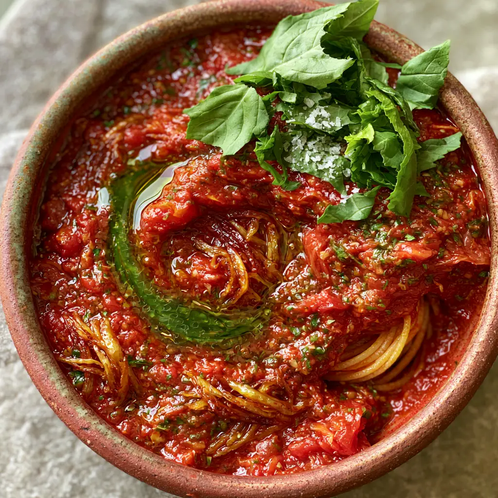 Authentic Italian recipes: The Ultimate San Marzano Marinara with Golden Garlic Slivers 1 Close-up of golden-browned garlic slivers in a rich red tomato sauce served over spaghetti spaghetti.