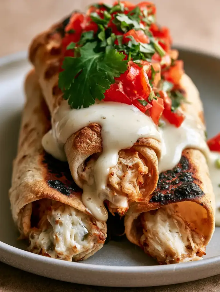 Close-up of lime crema dripping over crispy baked cream cheese chicken taquitos with cilantro and tomatoes.