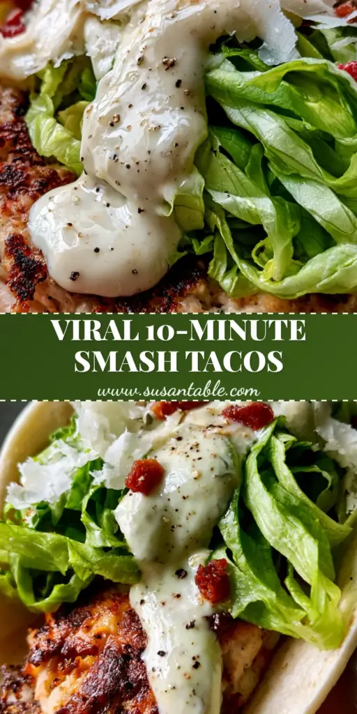 A close-up of smash chicken caesar tacos being held, showing the crispy charred chicken crust and fluffy parmesan snowfall.