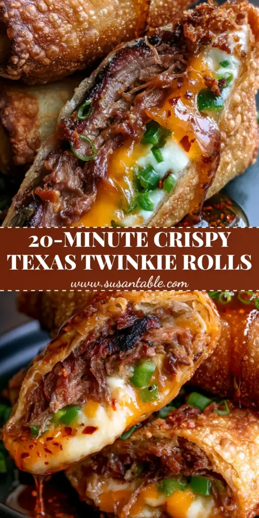 A Pinterest-style vertical graphic showing a stack of Texas Twinkies Egg Rolls drizzled with hot honey and sprinkled with bacon bits.