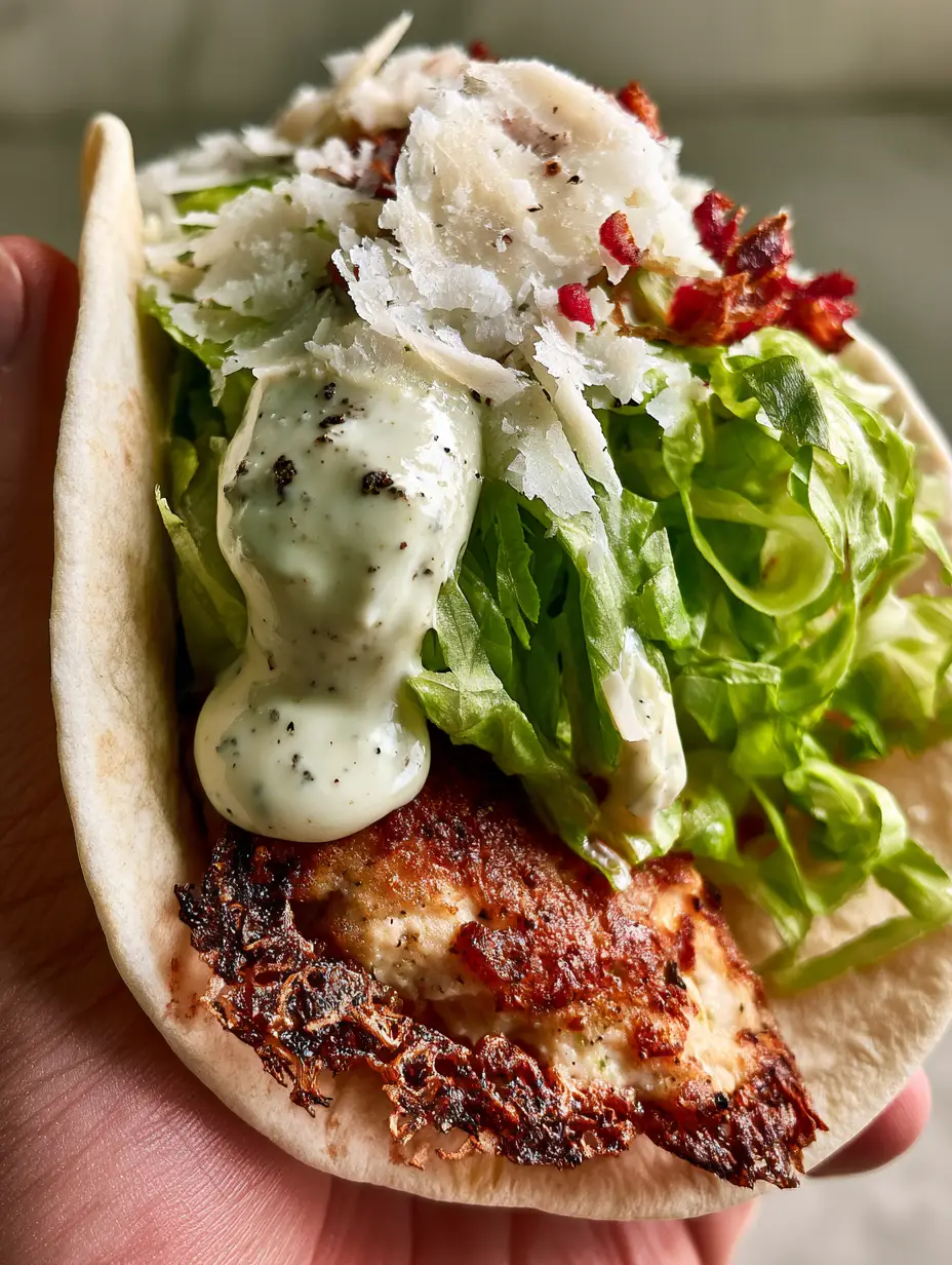 Close-up shot of a smash chicken caesar taco with lacy charred edges and bright green romaine ribbons.