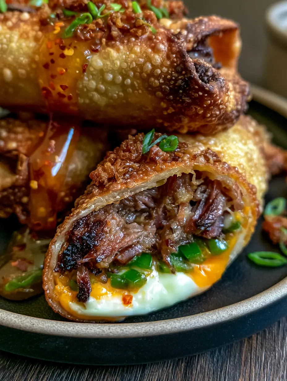 A stack of golden-brown, crispy Texas Twinkies Egg Rolls on a matte black plate featuring micro-bubbles and a glossy honey drizzle. (Texas Twinkies Egg Rolls)