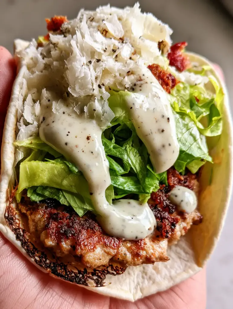 Side-angle view of the smash chicken caesar tacos showing the thick creamy dressing and bacon bits.