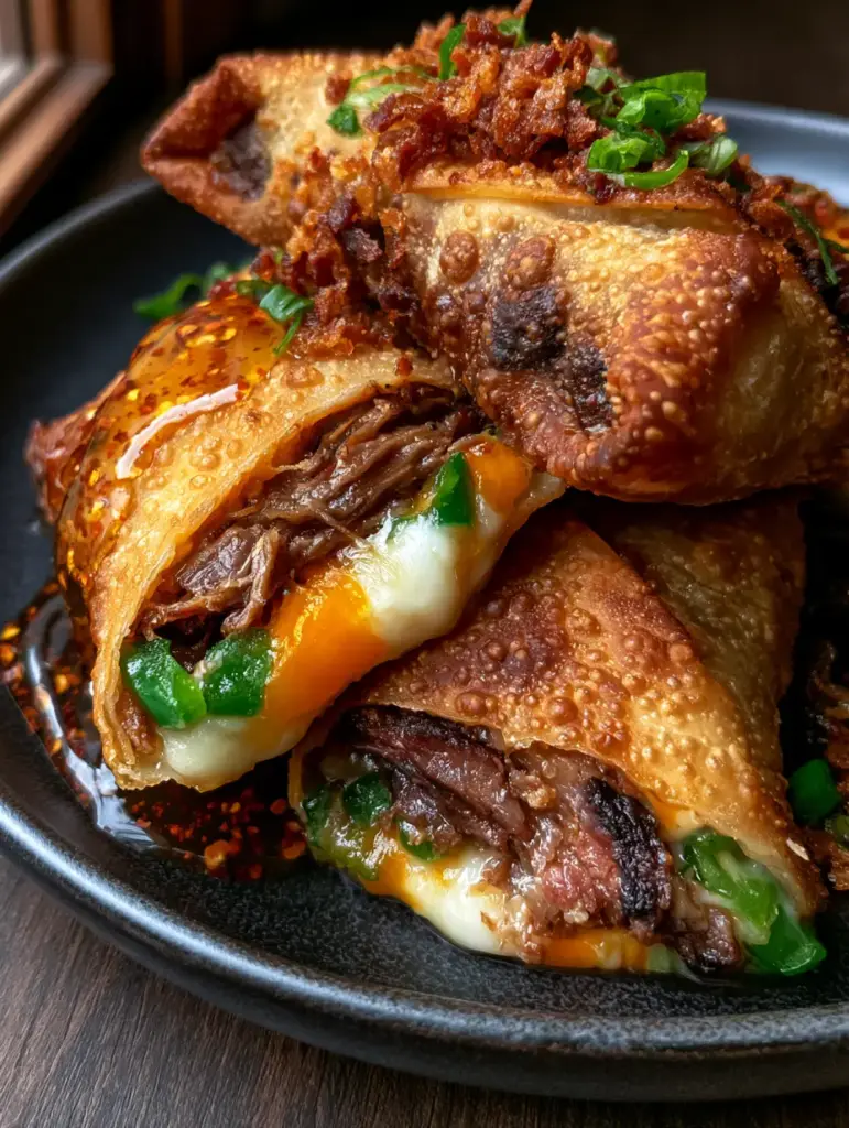 A sharp diagonal cross-section of a Texas Twinkie egg roll showcasing layers of smoked brisket, white cream cheese, orange cheddar, and green jalapenos.