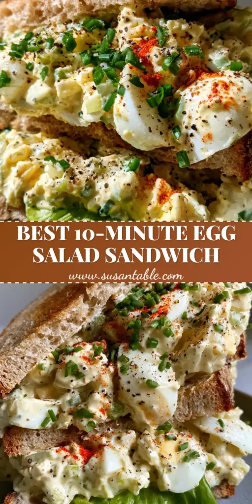 A close-up vertical shot of an overflowing egg salad sandwich on toasted sourdough bread with visible chives and paprika. (egg salad sandwich)